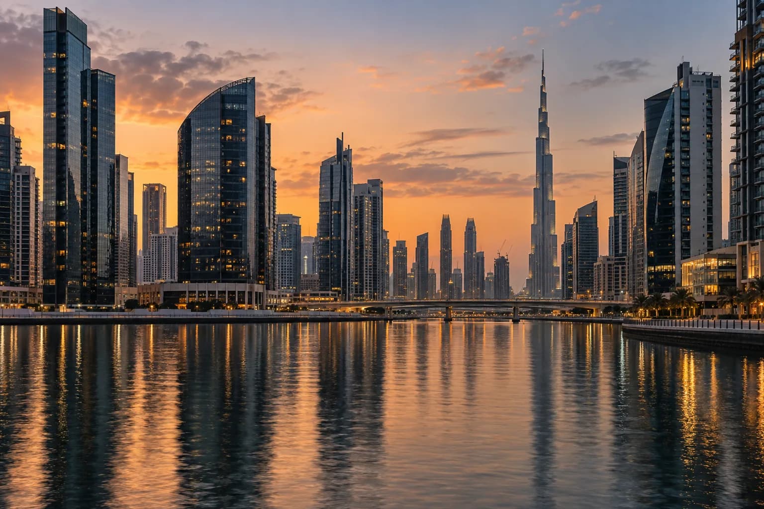 Dubai Business Bay skyline across the canal at dusk