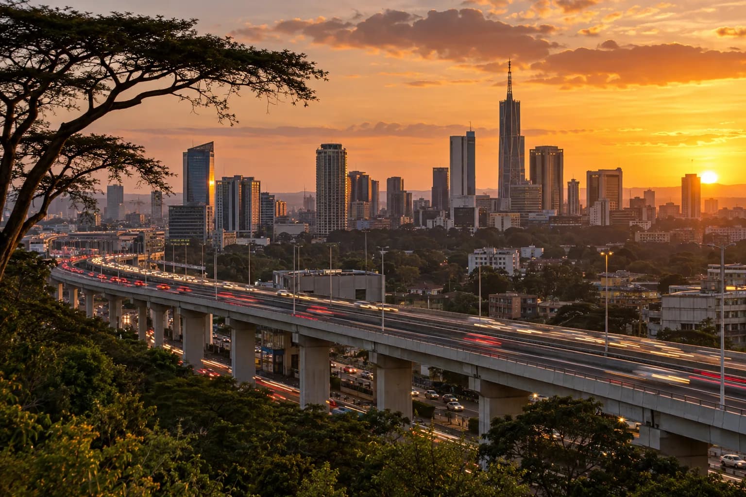 Nairobi skyline at golden hour with the Nairobi Expressway