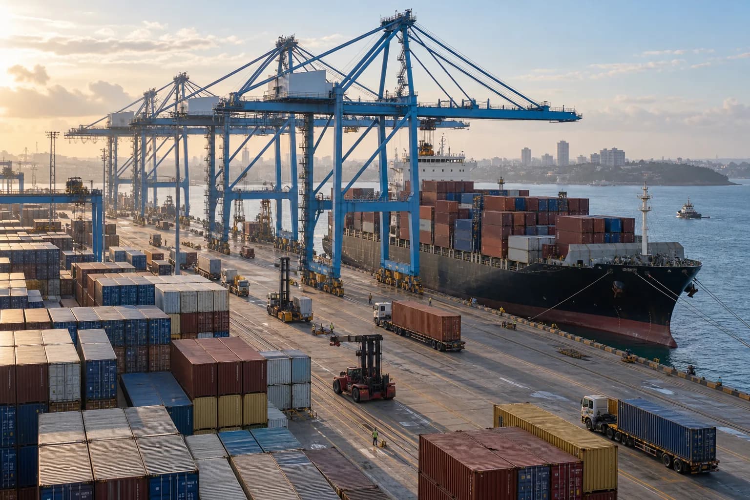 Gantry cranes loading a cargo vessel at Mombasa port, Kenya