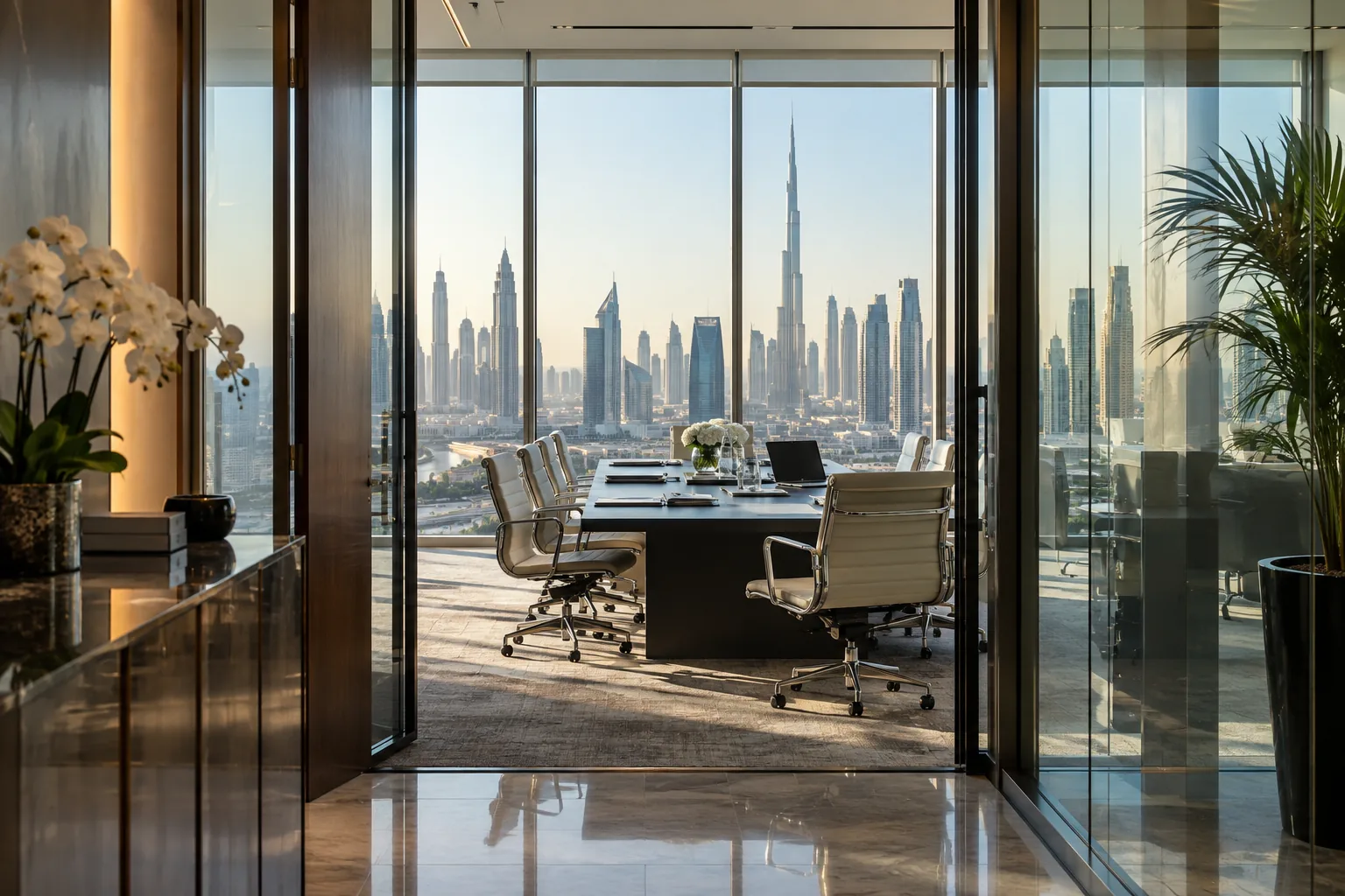 A bright meeting room in a Dubai office with the skyline beyond